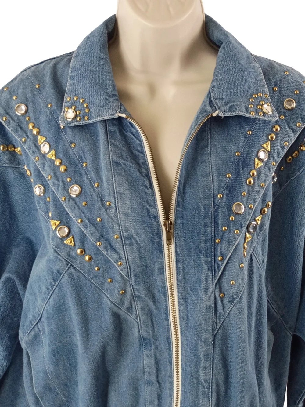 Vintage Women's Blue Denim Studded Zip-Up Jacket